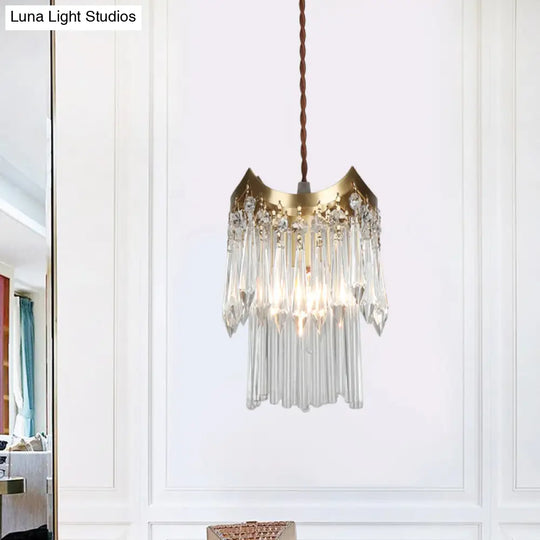 Minimalist Crystal Prism And Tube 2-Tier Brass Pendulum Light - Hanging Ceiling Lamp