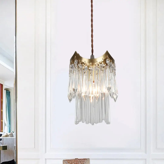 Minimalist Brass Pendulum Light With Crystal Prism And Tube Design - 2-Tier Hanging Ceiling Lamp