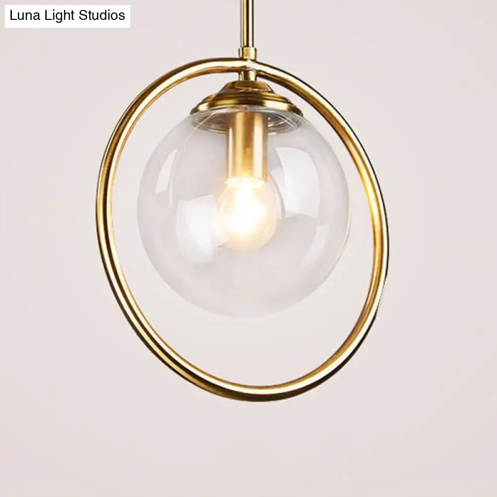 Minimalist Brass Plated Glass Hanging Light With Single Ball Drop Pendant And Ring Decoration