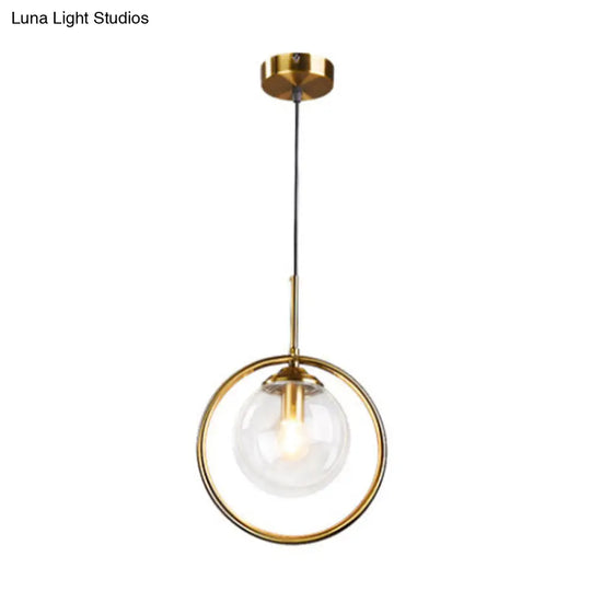 Minimalist Brass Plated Glass Hanging Light With Single Ball Drop Pendant And Ring Decoration Clear
