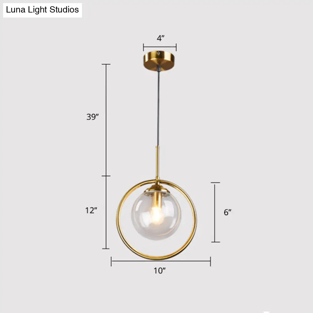 Minimalist Brass Plated Ball Drop Pendant Light With Clear Glass And Ring Decoration