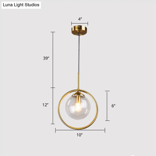 Minimalist Brass Plated Ball Drop Pendant Light With Clear Glass And Ring Decoration