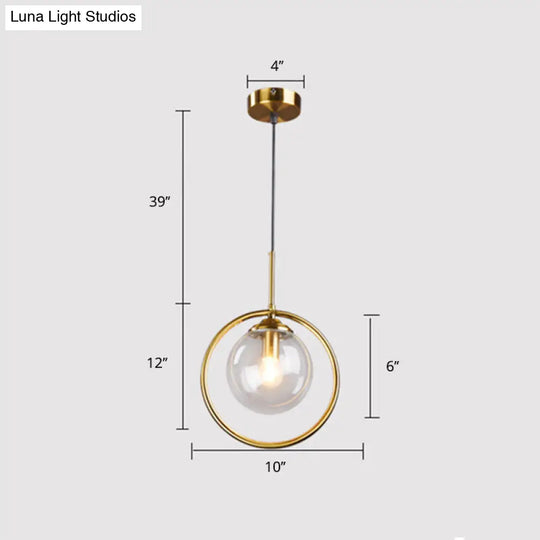 Minimalist Brass Plated Glass Hanging Light With Single Ball Drop Pendant And Ring Decoration