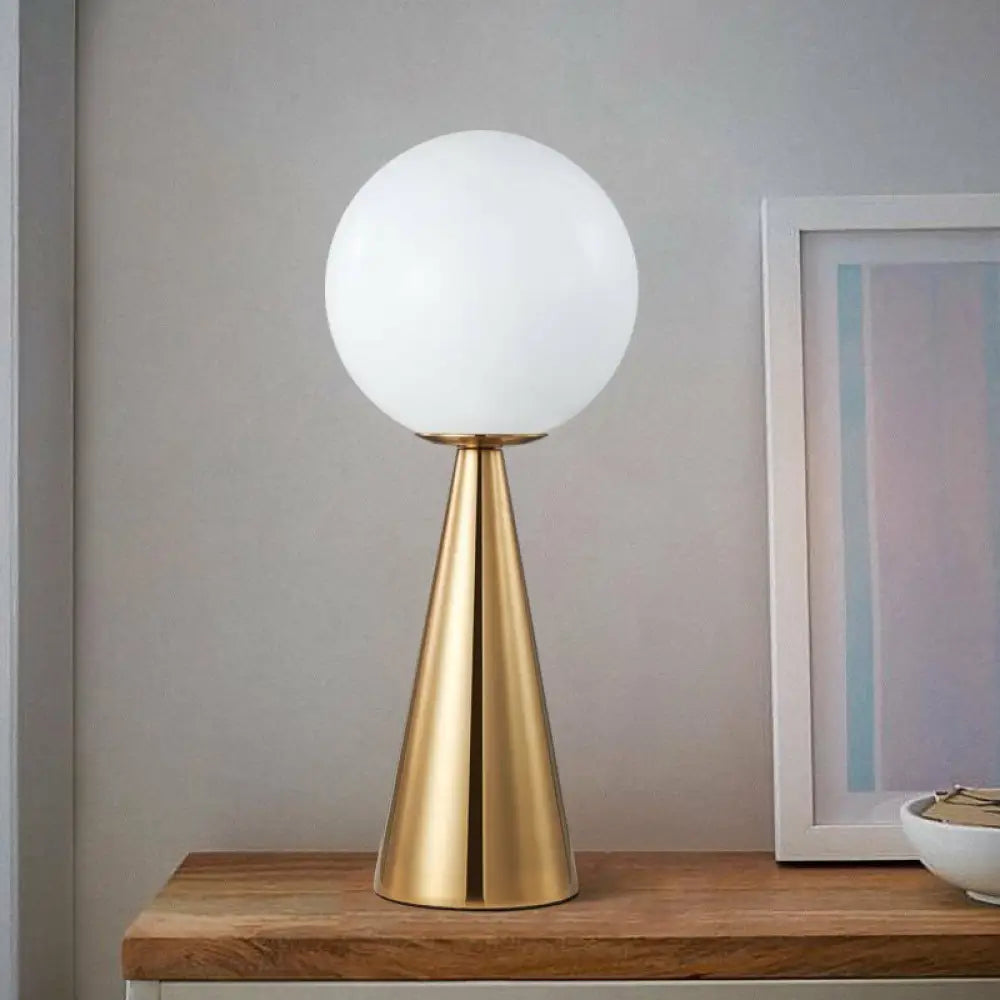 Minimalist Brass Plated Conical Table Lamp With White Glass Shade