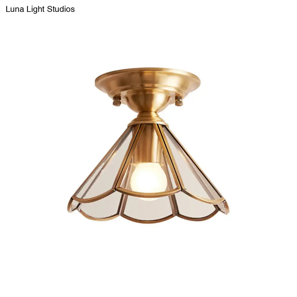 Minimalist Brass Semi Flush Mount With Scalloped Metal - Single-Bulb Lighting