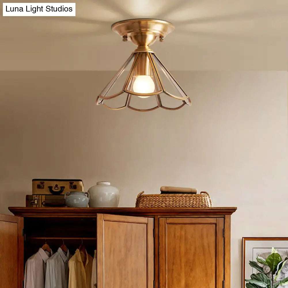 Minimalist Brass Semi Flush Mount With Scalloped Metal - Single-Bulb Lighting