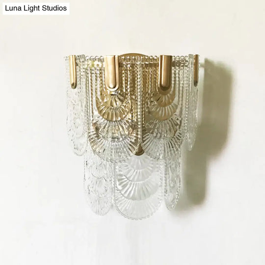 Minimalist Brass Wall Light: Tiered Scalloped Crystal Fixture With 3 Bulbs