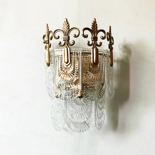 Minimalist Brass Wall Light: Tiered Scalloped Crystal Fixture With 3 Bulbs / B