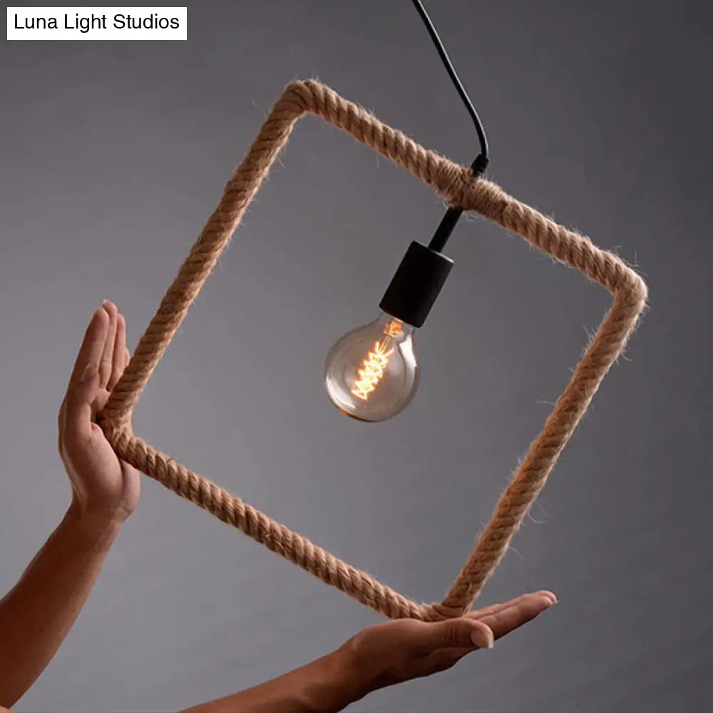 Minimalist Brown Geometric Frame Pendulum Light - Single Dining Room Pendant Fixture / Square