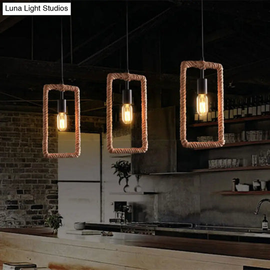 Minimalist Brown Geometric Frame Pendulum Light - Single Dining Room Pendant Fixture / Rectangle