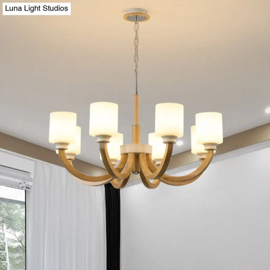 Minimalist Brown Wooden Arc Arm Chandelier With Cylindrical White Glass Shade
