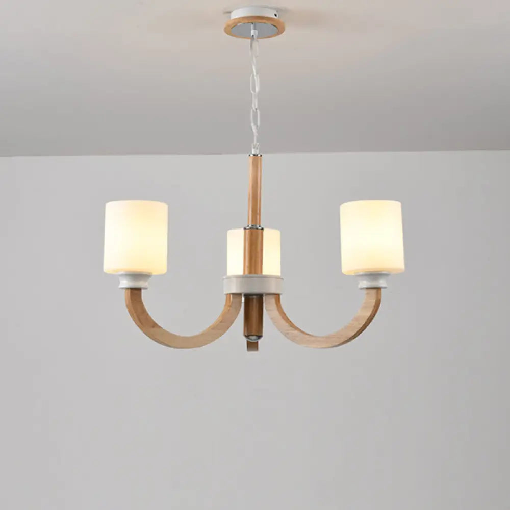 Minimalist Brown Wooden Chandelier With White Glass Shade 3 / Wood