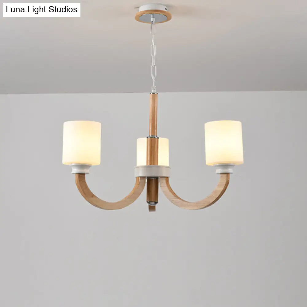 Minimalist Brown Wooden Arc Arm Chandelier With Cylindrical White Glass Shade 3 / Wood