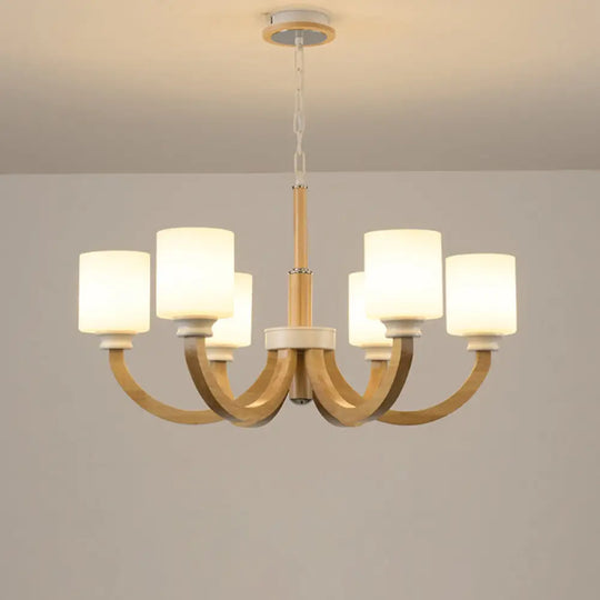 Minimalist Brown Wooden Chandelier With White Glass Shade 6 / Wood