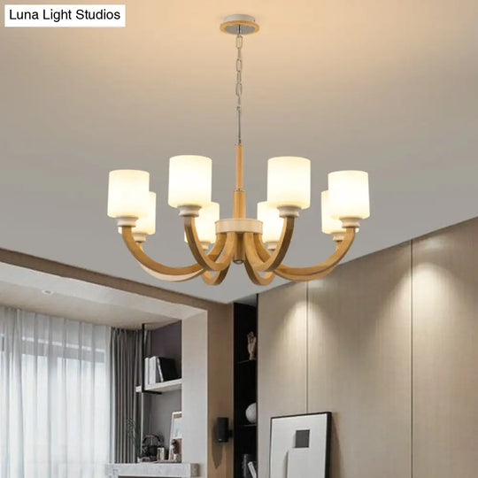 Minimalist Brown Wooden Arc Arm Chandelier With Cylindrical White Glass Shade