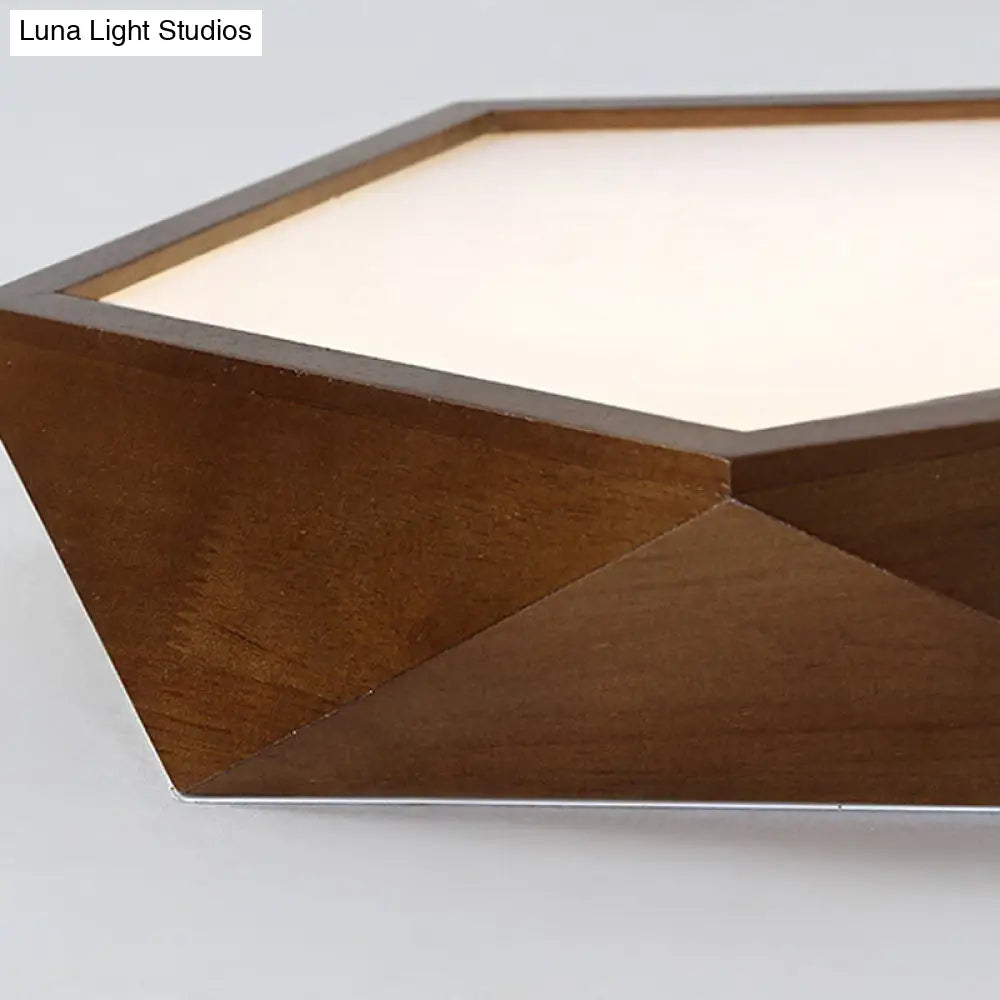 Minimalist Brown Wooden Flush Mount Led Ceiling Lamp - Faceted Pentagon Design (13’/16’/19.5’ Wide)
