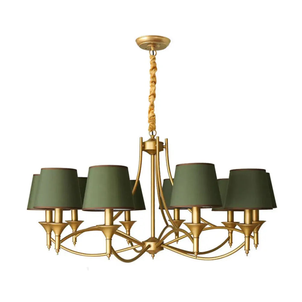 Minimalist Candlestick Chandelier: Metallic Pendant Light With Tapered Fabric Shade 10 / Green