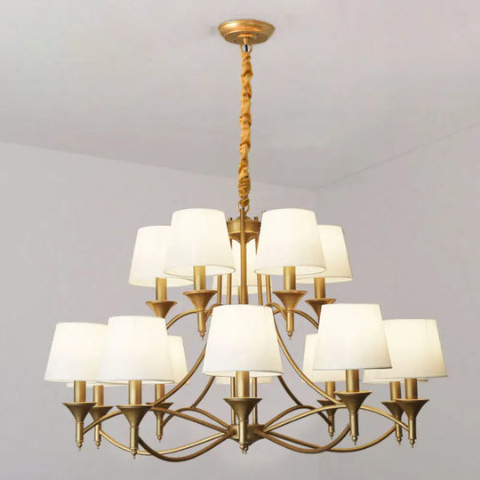 Minimalist Candlestick Chandelier: Metallic Pendant Light With Tapered Fabric Shade 15 / White