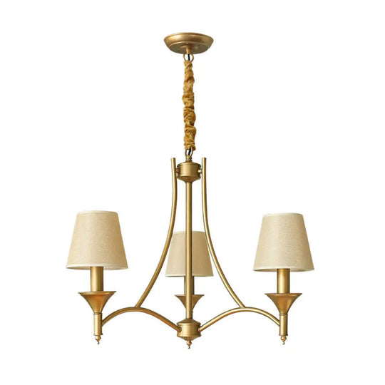 Minimalist Candlestick Chandelier: Metallic Pendant Light With Tapered Fabric Shade 3 / Beige