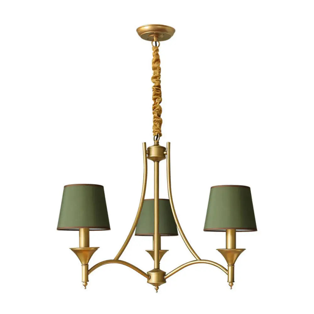 Minimalist Candlestick Chandelier: Metallic Pendant Light With Tapered Fabric Shade 3 / Green