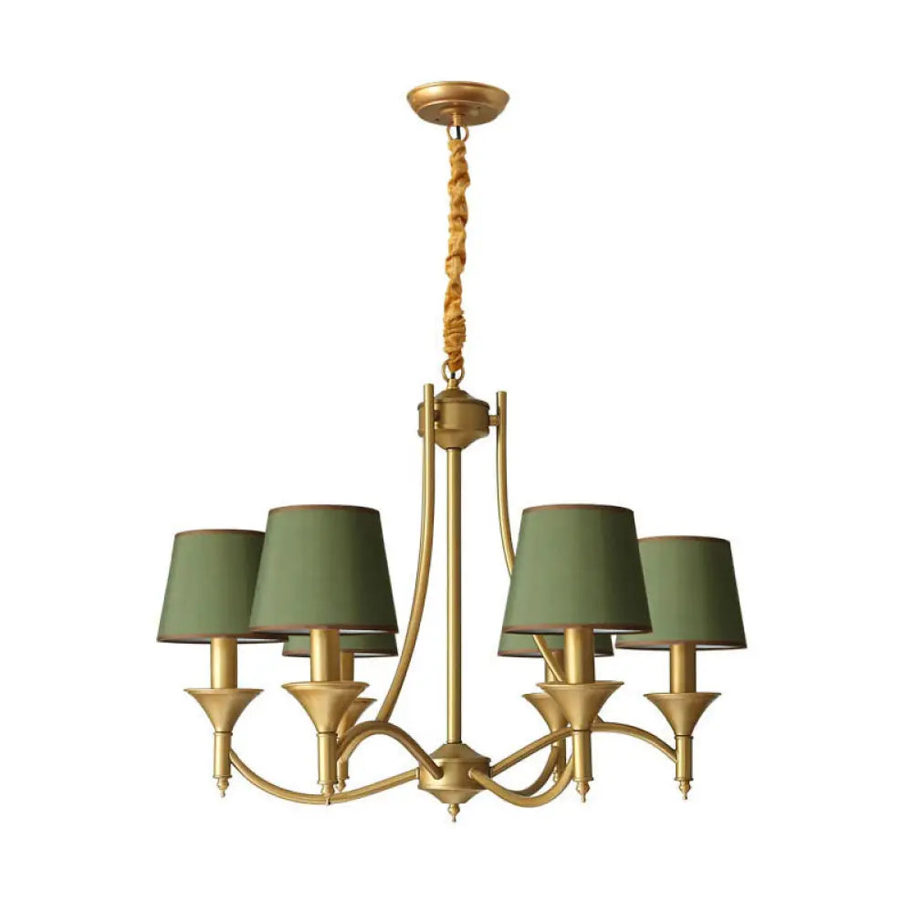 Minimalist Candlestick Chandelier: Metallic Pendant Light With Tapered Fabric Shade 6 / Green