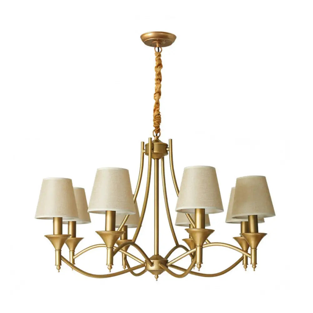 Minimalist Candlestick Chandelier: Metallic Pendant Light With Tapered Fabric Shade 8 / Beige