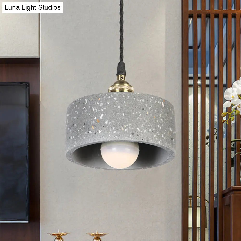 Minimalist Cement Pendant Light For Kitchen - Single Head Drum Shape Suspension Grey