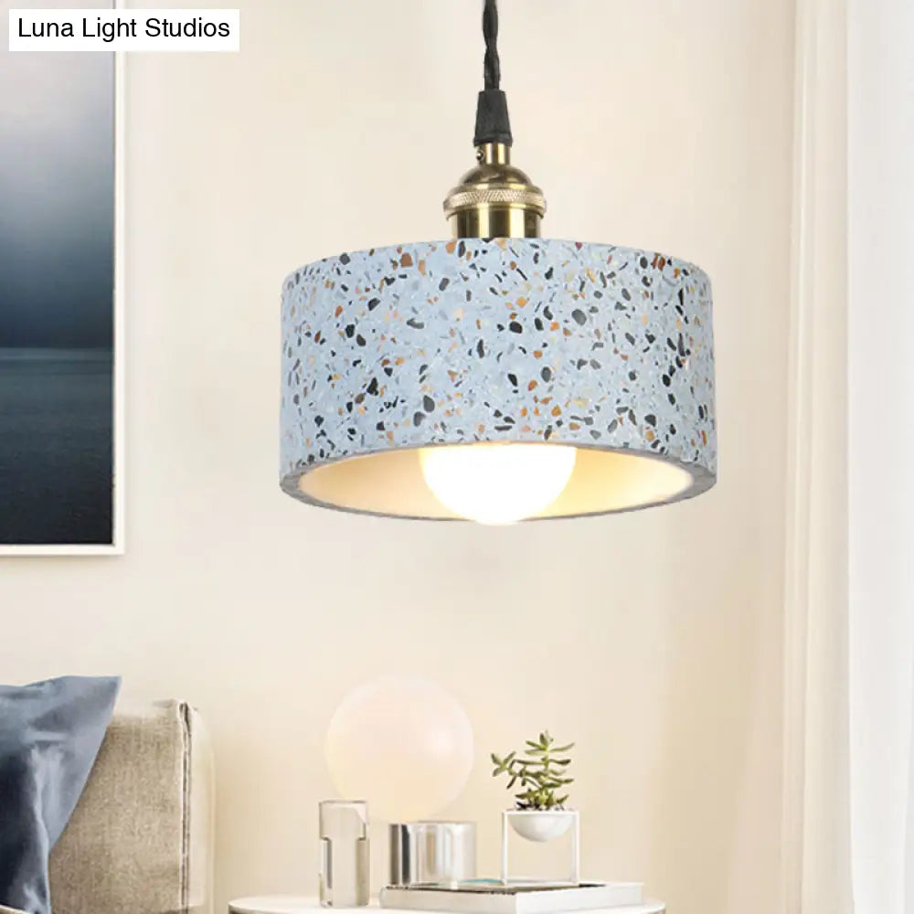 Minimalist Cement Pendant Light For Kitchen - Single Head Drum Shape Suspension Blue