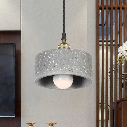 Minimalist Cement Suspension Pendant Light For Kitchen - Single Head Drum Shape Undertint Design