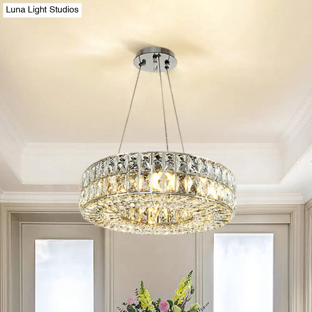 Minimalist Chrome Chandelier With Beveled Crystal Prisms - Circle Design 8-Bulb Pendant Light For