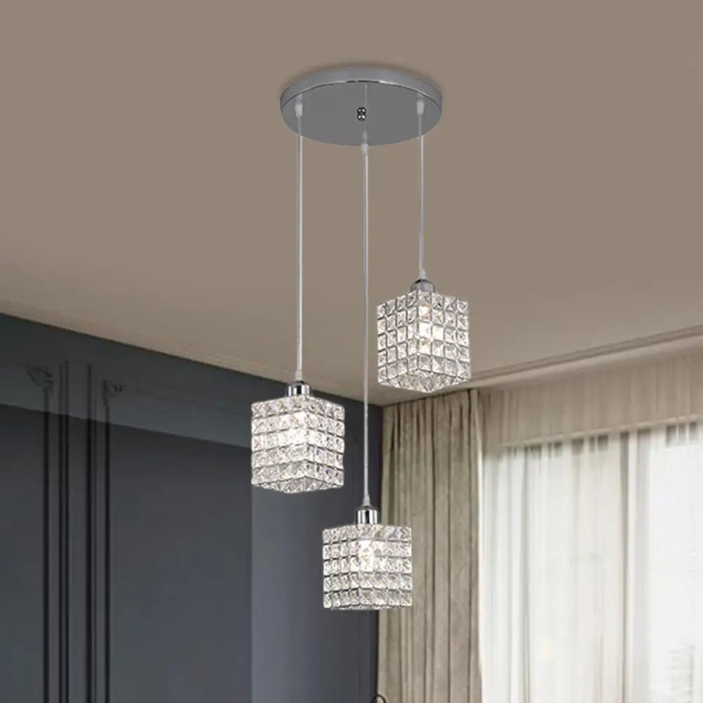 Minimalist Chrome Cuboid Pendant With 3 Beveled Crystal Bulbs - Ceiling Suspension Light