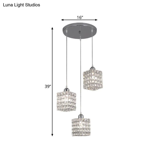 Minimalist Chrome Cuboid Pendant With 3 Beveled Crystal Bulbs - Ceiling Suspension Light