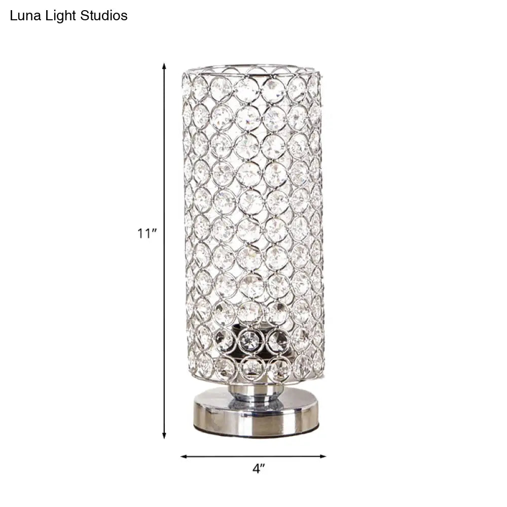 Minimalist Chrome Finish Table Lamp - Modern 1 Light Bedroom Desk With Crystal-Encrusted Shade