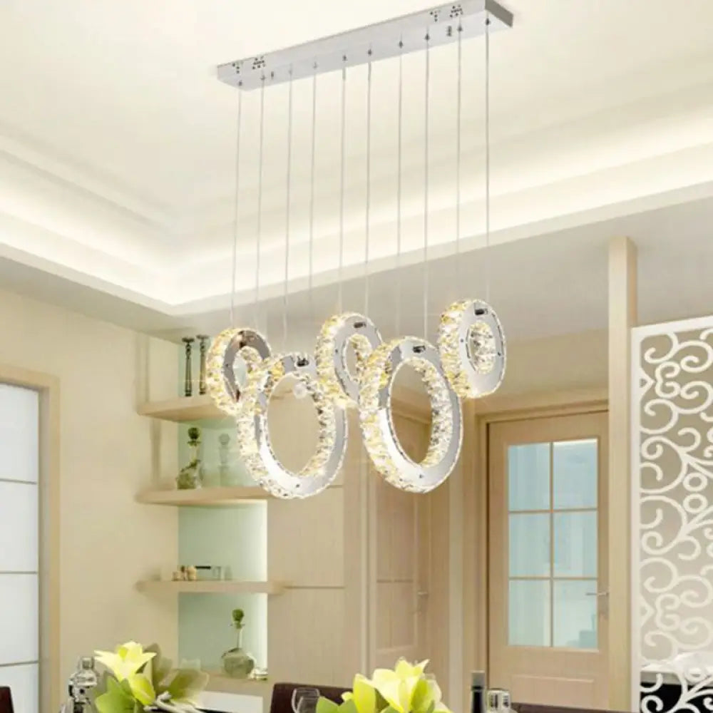 Minimalist Chrome Led Hoop Pendant Light With Crystal Accents - White/Warm / Warm