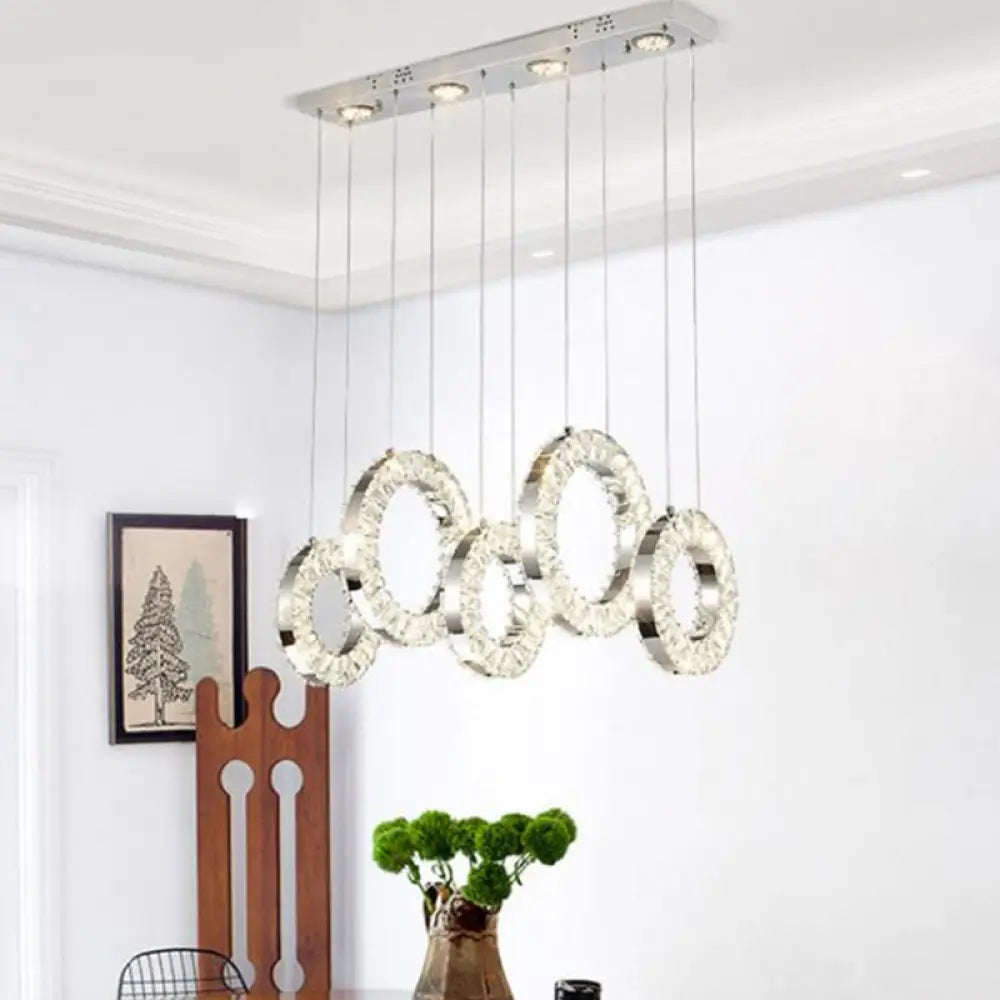 Minimalist Chrome Led Hoop Pendant Light With Crystal Accents - White/Warm / White