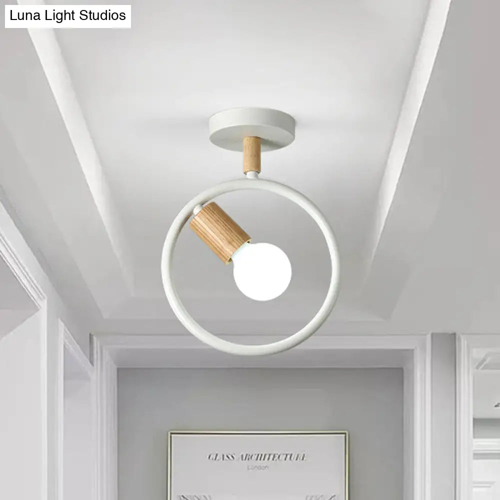 Minimalist Circle Metal Flushmount Light With Wood Arm And 1 Bulb - Grey/Green/White Option