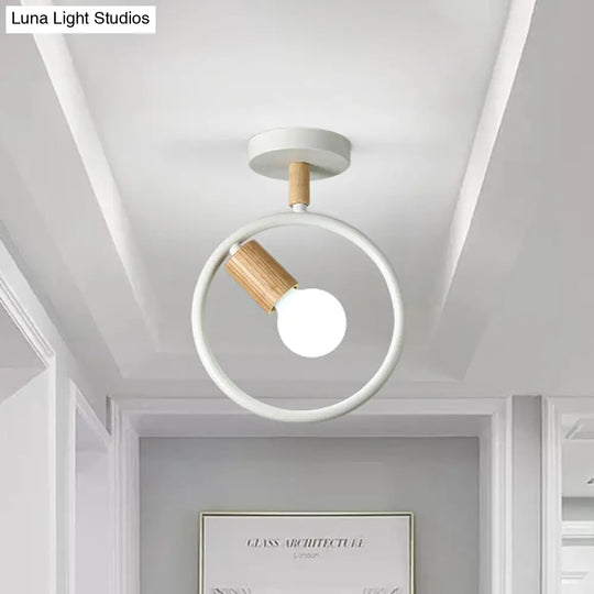 Minimalist Circle Metal Flushmount Light With Wood Arm And 1 Bulb - Grey/Green/White Option