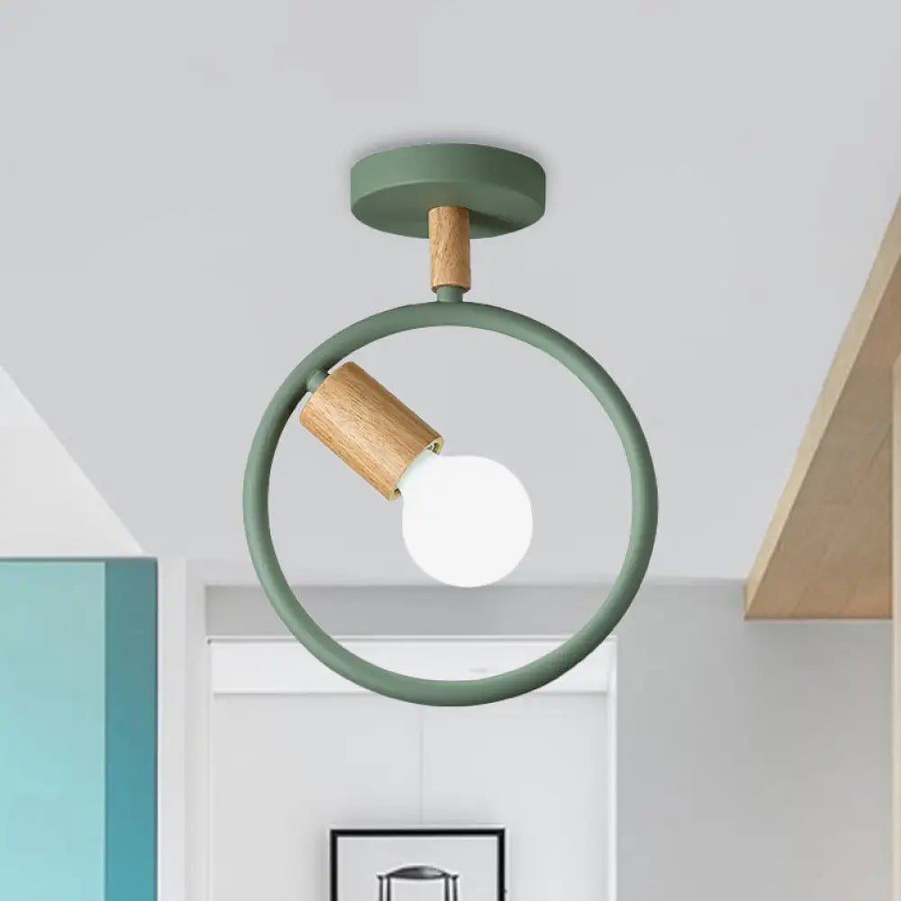 Minimalist Circle Metal Flushmount Light With Wood Arm And 1 Bulb - Grey/Green/White Option Green