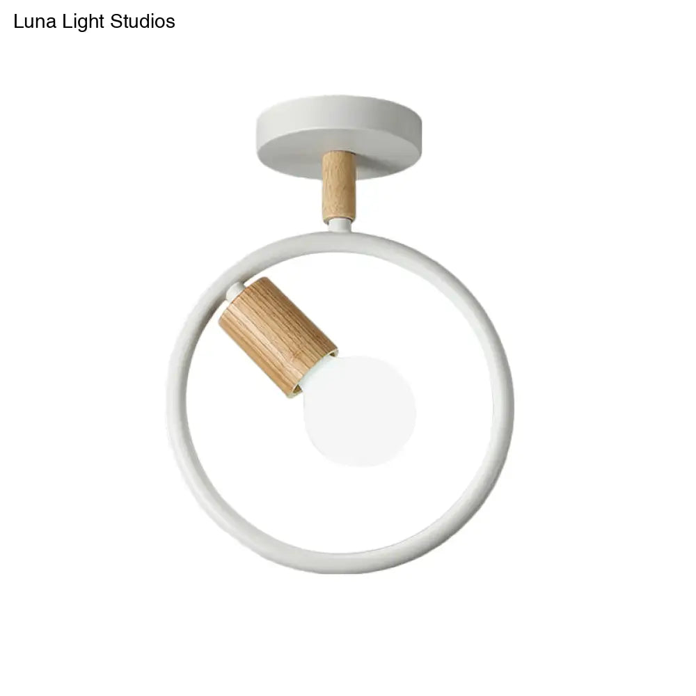 Minimalist Circle Metal Flushmount Light With Wood Arm And 1 Bulb - Grey/Green/White Option