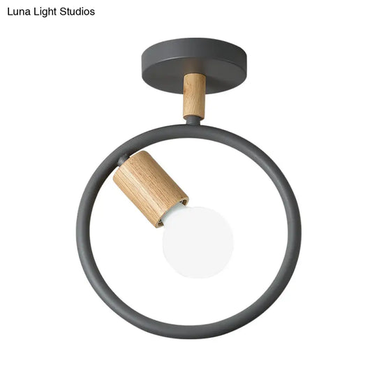 Minimalist Circle Metal Flushmount Light With Wood Arm And 1 Bulb - Grey/Green/White Option