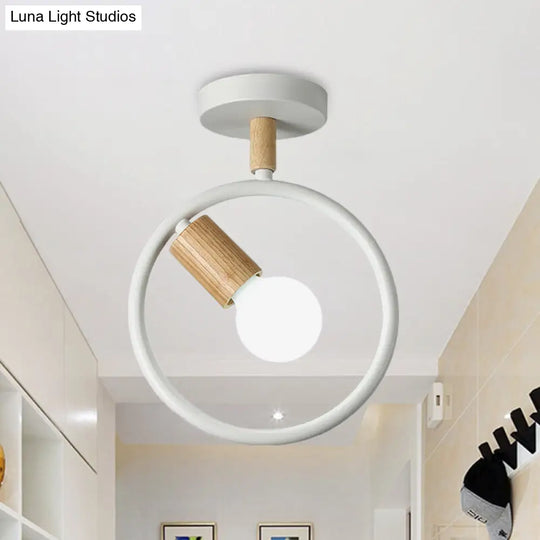 Minimalist Circle Metal Flushmount Light With Wood Arm And 1 Bulb - Grey/Green/White Option White