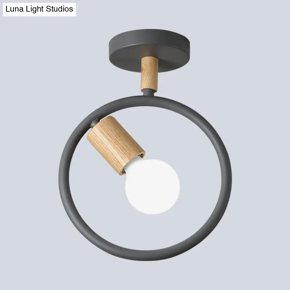 Minimalist Circle Metal Flushmount Light With Wood Arm And 1 Bulb - Grey/Green/White Option