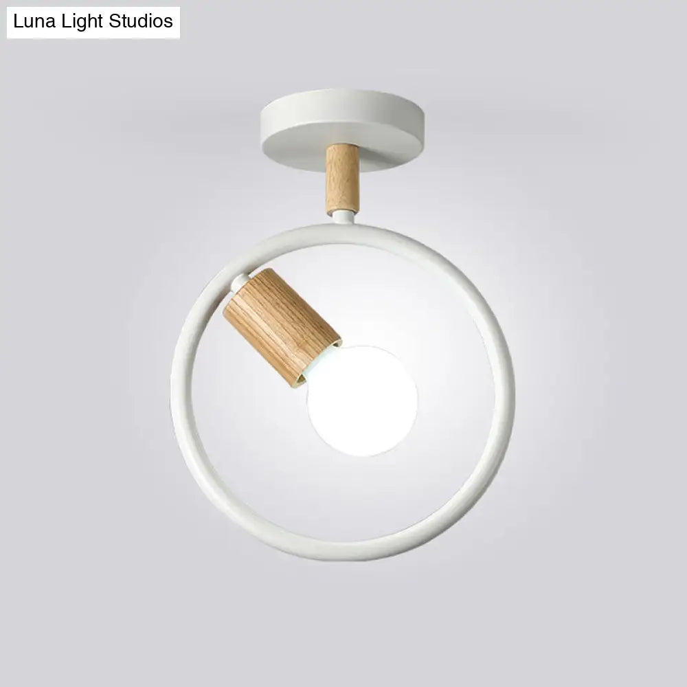 Minimalist Circle Metal Flushmount Light With Wood Arm And 1 Bulb - Grey/Green/White Option