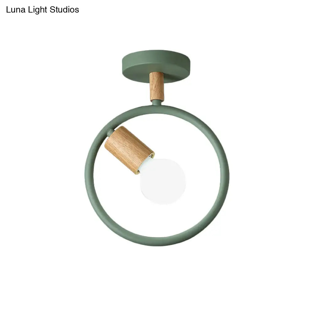 Minimalist Circle Metal Flushmount Light With Wood Arm And 1 Bulb - Grey/Green/White Option