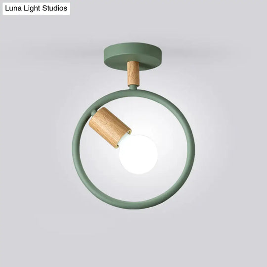 Minimalist Circle Metal Flushmount Light With Wood Arm And 1 Bulb - Grey/Green/White Option