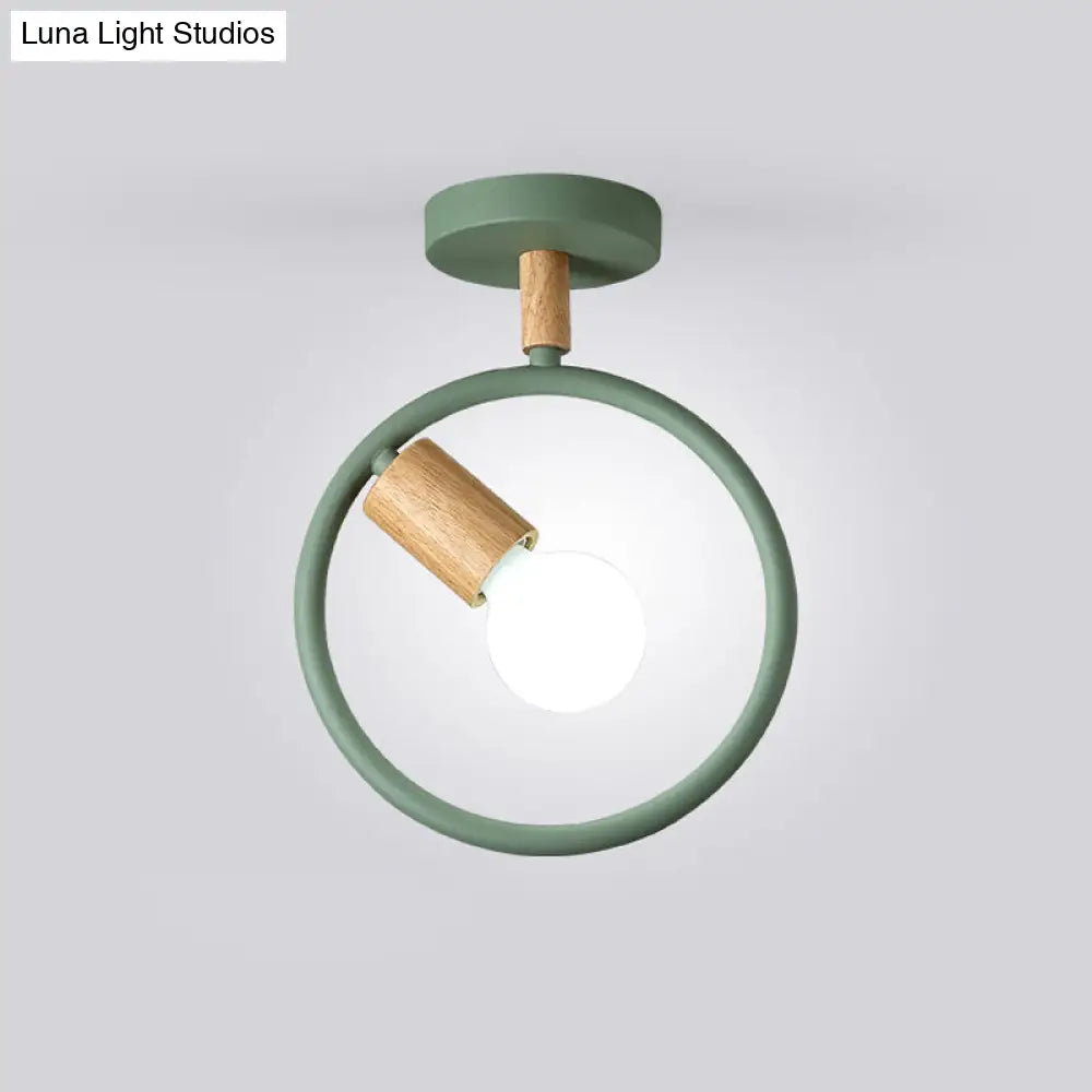 Minimalist Circle Metal Flushmount Light With Wood Arm And 1 Bulb - Grey/Green/White Option