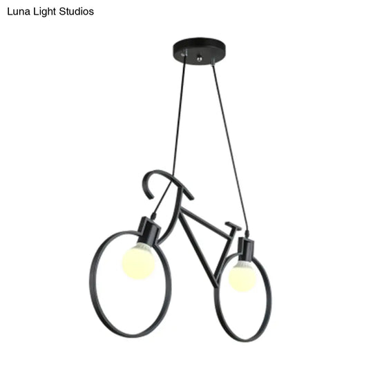 Minimalist City Bike Pendant Light For Kids Room - 2-Light Iron Suspension With Open Bulb Design