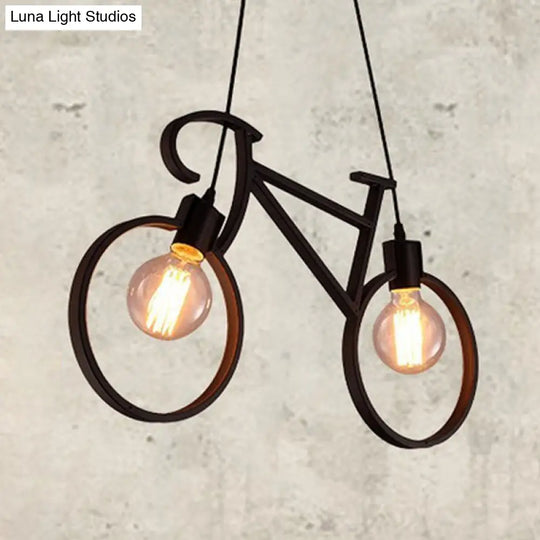 Minimalist City Bike Pendant Light For Kids Room - 2-Light Iron Suspension With Open Bulb Design