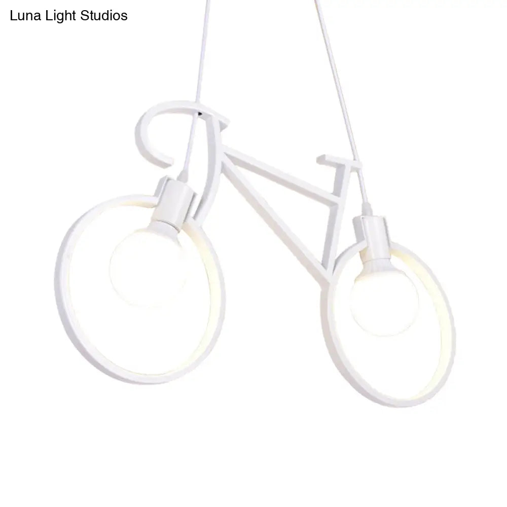 Minimalist City Bike Pendant Light For Kids Room - 2-Light Iron Suspension With Open Bulb Design