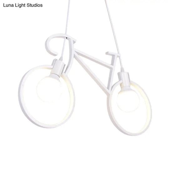 Minimalist City Bike Pendant Light For Kids Room - 2-Light Iron Suspension With Open Bulb Design